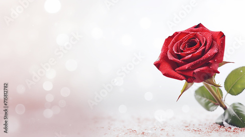 Red rose with beautiful leaf stems On a simple, elegant white space for your text, a blurry background.