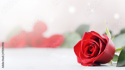Red rose with beautiful leaf stems On a simple, elegant whith space for your text, white background.
