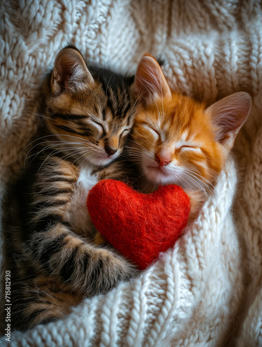 Two kittens sleep on a knitted blanket, hugging a soft red heart-shaped valentine. Love concept, Valentine's day.