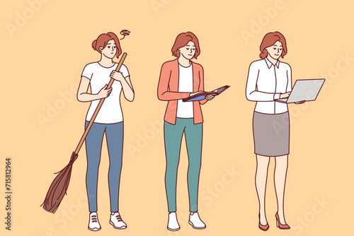 Social evolution for women in management positions, transforming from housewife with broom into manager with laptop. Evolution and progress for girls through inclusion and gender equality laws