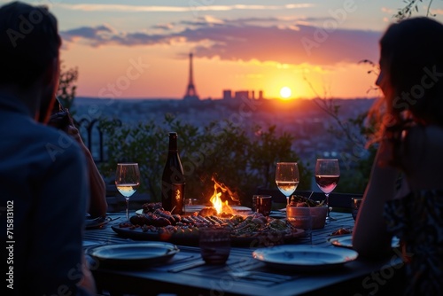 couple at sunset in the evening, rooftop dinner in Paris