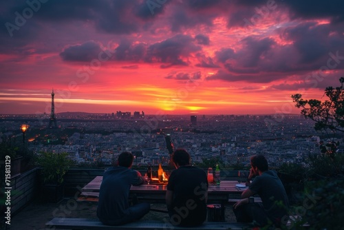 sunset in the city, rooftop dinner in Paris