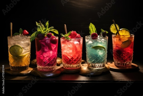 different colored cocktails in glasses on a table, Decoration of different cocktail in different Glasses Ai generated