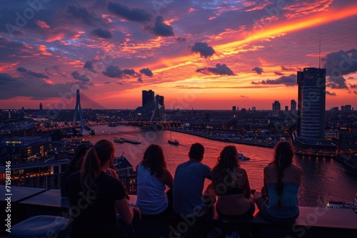 city skyline at sunset, Rotterdam, rooftop and friends