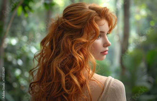 woman with light red curly hair, blending harmoniously with the enchanting atmosphere of a magical forest, hair products and hair styles