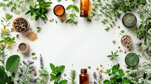 Top view of natural Medicinal Herbs bowls and dried leaves in a clean surface like a frame and copy space inside it, Generative AI.