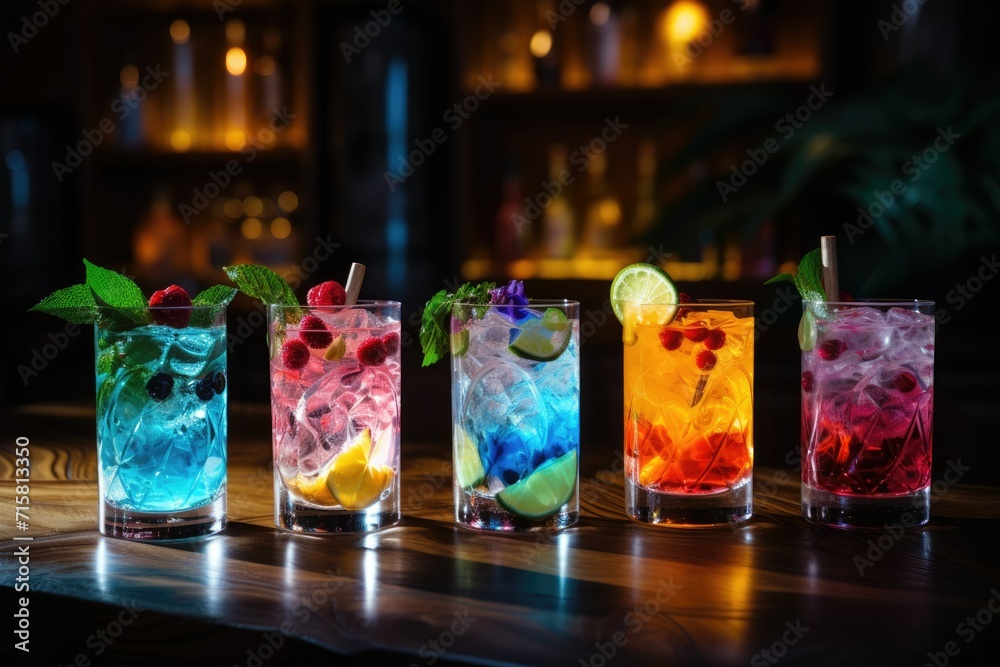 different colored cocktails in glasses on a table, Decoration of different cocktail in different Glasses Ai generated different colored cocktails in glasses on a table, Decoration of different cocktail in different Glasses Ai generated