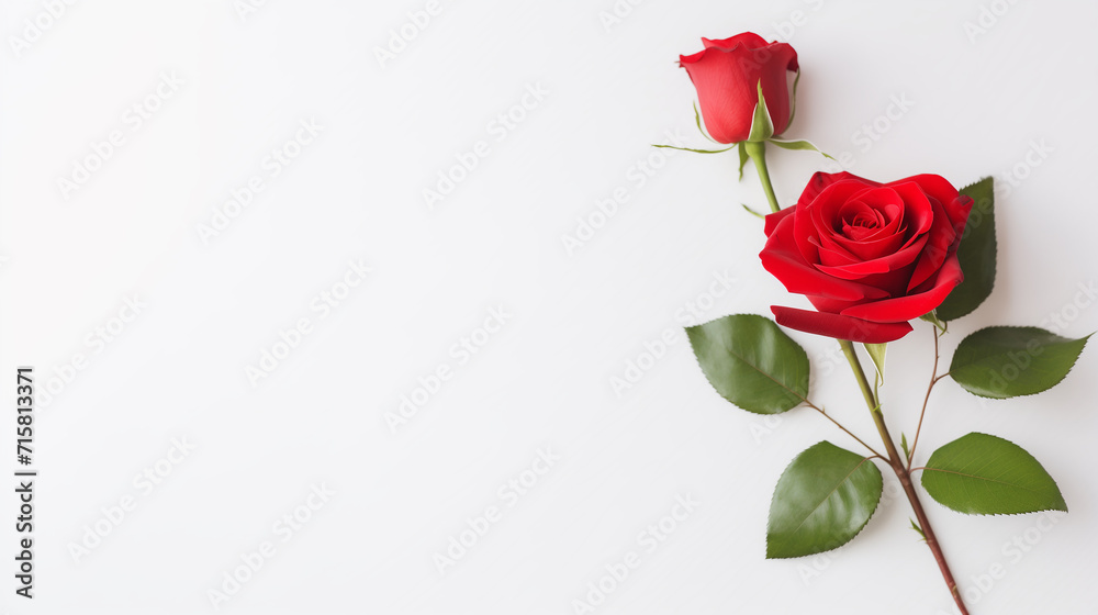Red rose with beautiful leaf stems On a simple, elegant whith space for your text, white background. Red rose with beautiful leaf stems On a simple, elegant whith space for your text, white background.