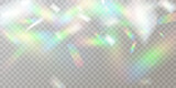 Colourful vector lens, crystal rainbow light and flare transparent effects.Overlay for backgrounds.Triangular prism concept.