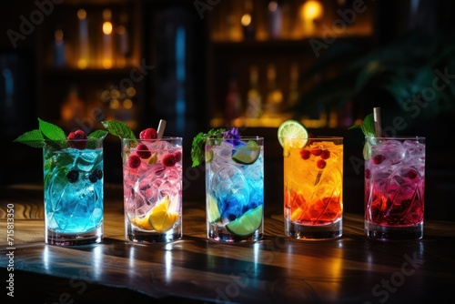 different colored cocktails in glasses on a table, Decoration of different cocktail in different Glasses Ai generated