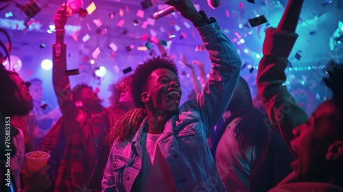 people celebrating at a disco party with neon lights photo