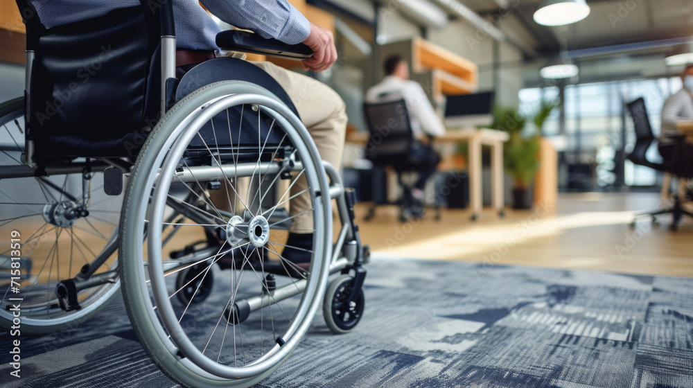 close-up of a person in a wheelchair in an office environment