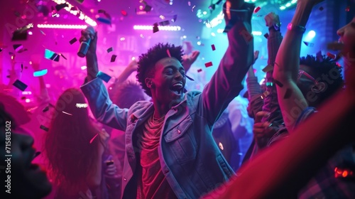 people celebrating at a disco party with neon lights with people photo