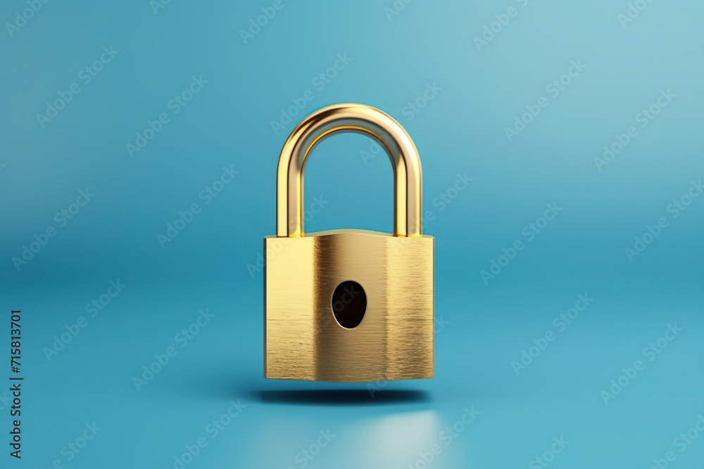 Golden padlock in plain blue background, Security and safety concept illustration, Generative Ai Golden padlock in plain blue background, Security and safety concept illustration, Generative Ai