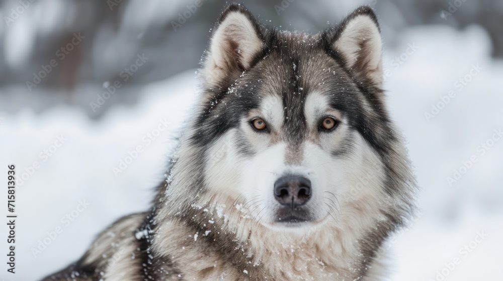 Husky Dog in Snow, Looking at Camera
