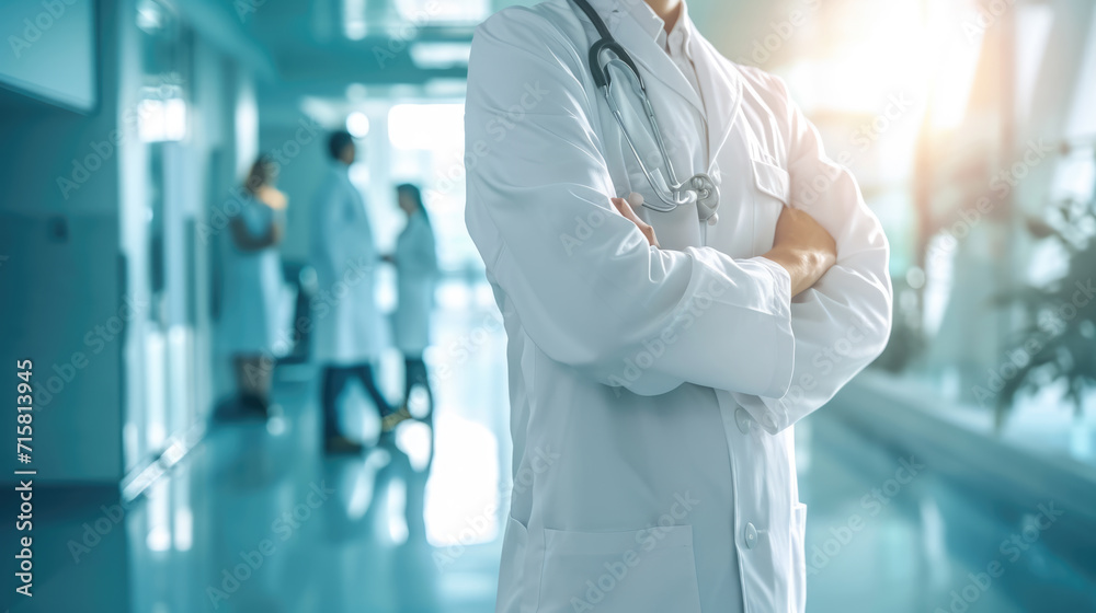 Doctor, with a stethoscope around neck, standing confidently with arms crossed in a bright hospital corridor Doctor, with a stethoscope around neck, standing confidently with arms crossed in a bright hospital corridor