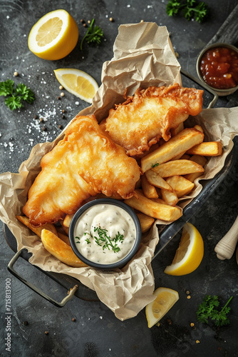 Delicious fried fish and chips meal 