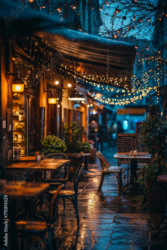 Cozy cafe in the city at night, raining  © Karol