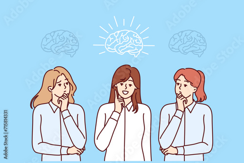 Woman leader came up with idea during team brainstorming session at corporate meeting. Girl with high IQ is ahead colleagues when developing new ideas for business development and attracting clients.