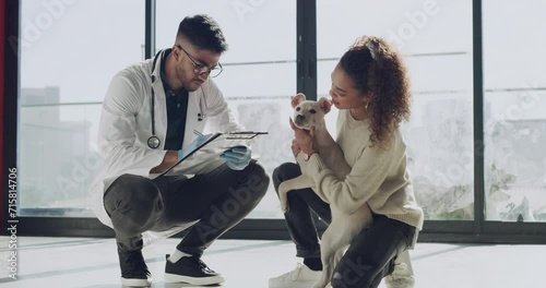 Dog, vet and woman with doctor in consultation for health, checkup exam and medical care. Pet animal, man and clinic appointment with professional writing on checklist for help in treatment service photo