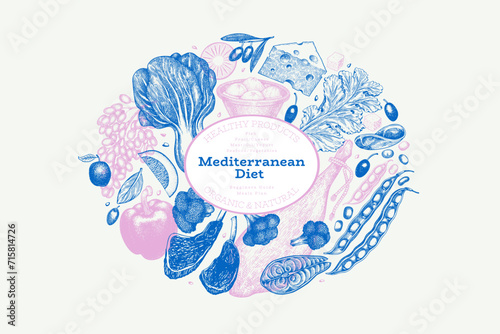 Mediterranean Cuisine Design Template. Vector Hand Drawn Healthy Food Banner. Vintage Style Menu Illustration.