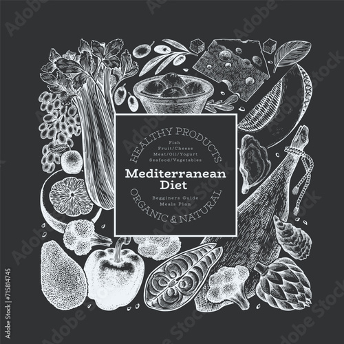 Mediterranean Cuisine Design Template. Vector Hand Drawn Healthy Food Banner. Vintage Style Menu Chalk Board Illustration.