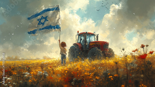 A young boy with red hair rising an israeli flag to a tractor, amidst a lively scenevibrant wildflowers. sky and clouds israel, birds.
