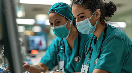 Two female healthcare professionals in scrubs and surgical masks, closely examining something on a computer monitor in a medical setting.