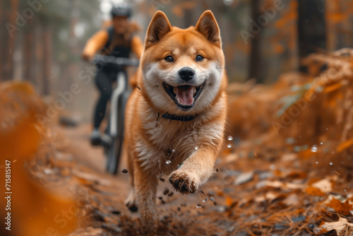 Shiba Inu dog runs with a cyclist on a walk