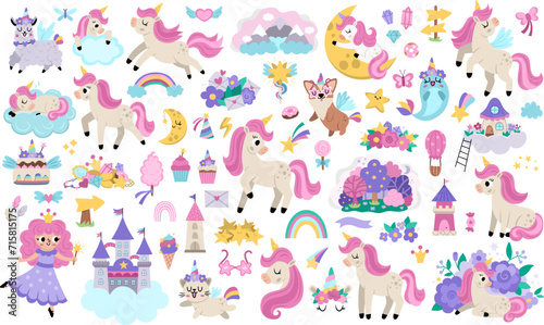 Vector unicorns set. Big collection with fairytale characters, fairy, animals with horns, castle on cloud, rainbow, falling stars, crystals, sweets. Fantasy world clip art #715815175