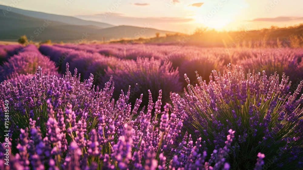 Fototapeta premium Beautiful bright lavender fields at sunset. Created with Generative Ai technology.