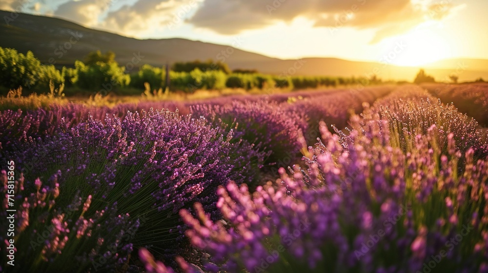 Fototapeta premium Beautiful bright lavender fields at sunset. Created with Generative Ai technology.