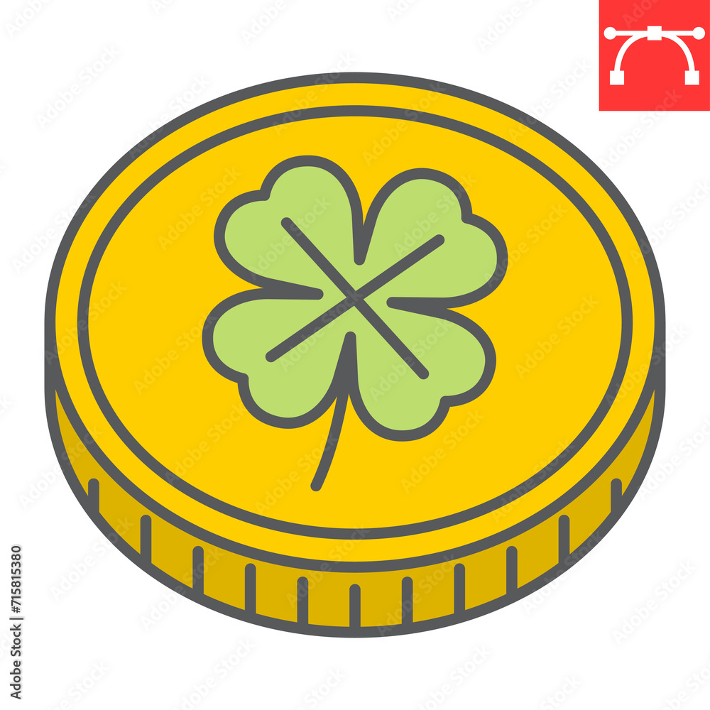 Coin clover line color icon, St. Patrick's Day and holiday, four leaf on coin vector icon, vector graphics, editable stroke outline sign, eps 10. Coin clover line color icon, St. Patrick's Day and holiday, four leaf on coin vector icon, vector graphics, editable stroke outline sign, eps 10.