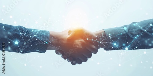 two businesspeople shaking hands with an internet connection over a blue background Generative AI