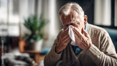 Tristezza Intima- Anziano Uomo che Asciuga le Lacrime con un Tovagliolo a Casa, concetto di lutto- Solitudine photo