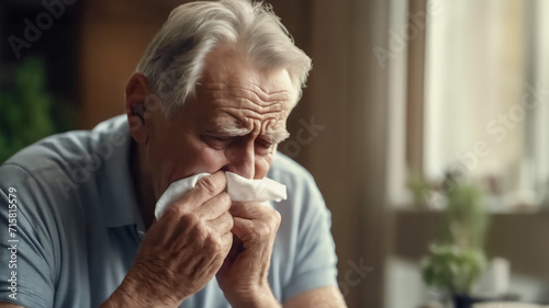 Tristezza Intima- Anziano Uomo che Asciuga le Lacrime con un Tovagliolo a Casa, concetto di lutto photo