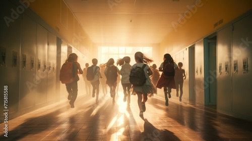 Back to school concept, students running at corridor to classroom at morning with soft sunlight, photo with copy space for texts photo