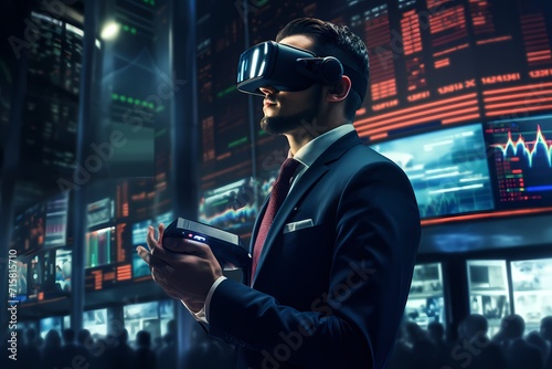 A person wearing a virtual reality headset, immersed in a simulated stock market environment.