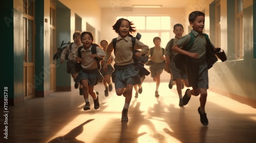 Back to school concept, students running at corridor to classroom at morning with soft sunlight, photo with copy space for texts