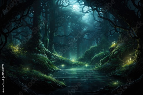 Realistic deep forest ,Deep Forest Fantasy Backdrop Concept Art Realistic Illustration Background Ai generated © Tanu