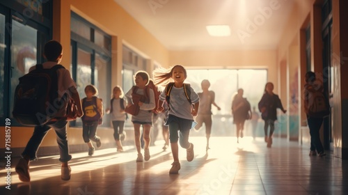Back to school concept, students running at corridor to classroom at morning with soft sunlight, photo with copy space for texts