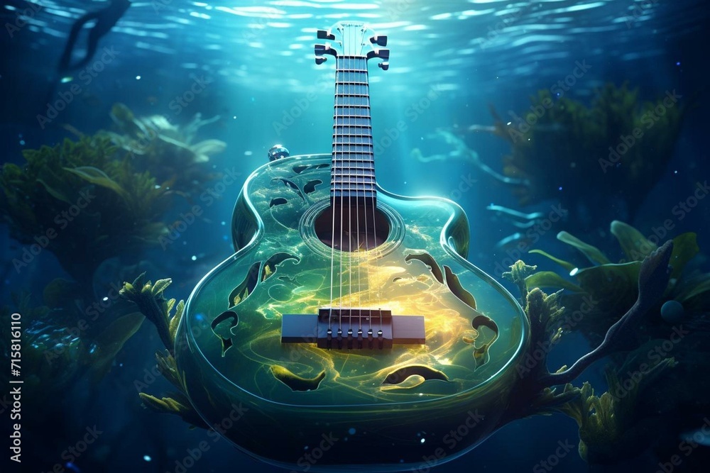 Illustration of an underwater acoustic guitar integrated into a magical aquatic environment with bioluminescence, organic shapes, and mesmerizing lights. Generative AI - obrazy, fototapety, plakaty 