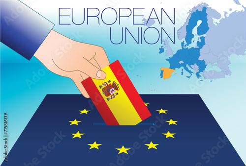 European Union, voting box, European parliament elections, Spain flag and map, vector illustration