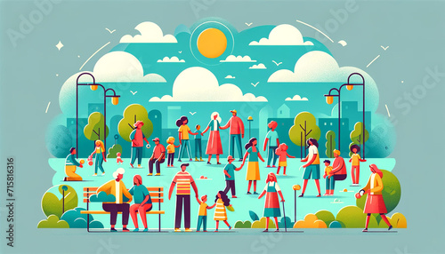 Colorful illustration of various people enjoying a sunny day in a busy city park with trees, benches and clear blue sky. Family recreation concept. AI generated.