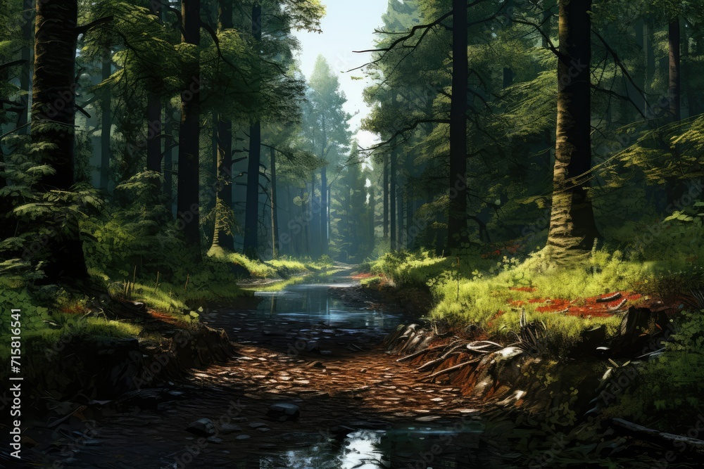 Fototapeta premium Realistic deep forest ,Deep Forest Fantasy Backdrop Concept Art Realistic Illustration Background Ai generated