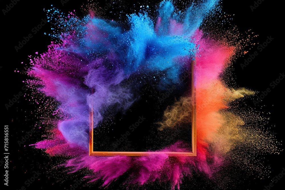 Colorful empty frame for text, Vivid Holi Festival Sale Banner, Explosion of Powder for Holiday Promotions or Birthday Events on black background.