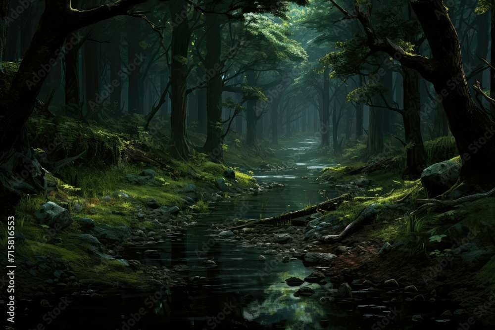 Realistic deep forest ,Deep Forest Fantasy Backdrop Concept Art Realistic Illustration Background Ai generated