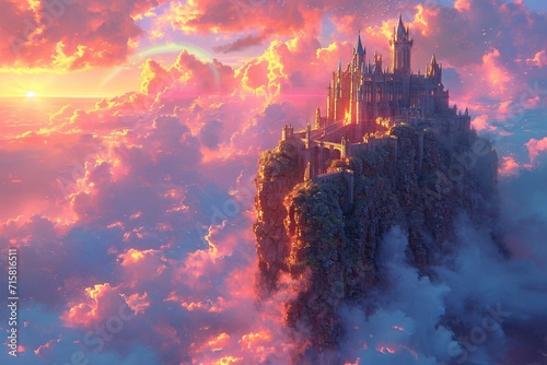 Pink Clouds Over a Castle: A Dreamy, Romantic Scene for Valentine's Day Generative AI