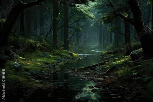 Realistic deep forest  Deep Forest Fantasy Backdrop Concept Art Realistic Illustration Background Ai generated