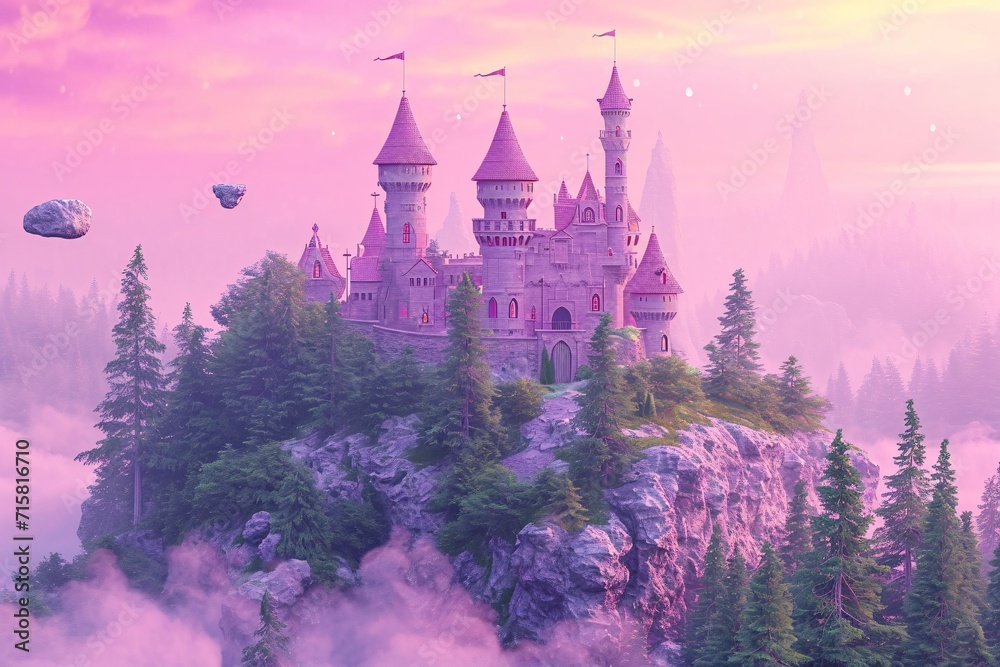 Pink Castle in the Sky: A Dreamy Fantasy Castle in the Sky Generative AI